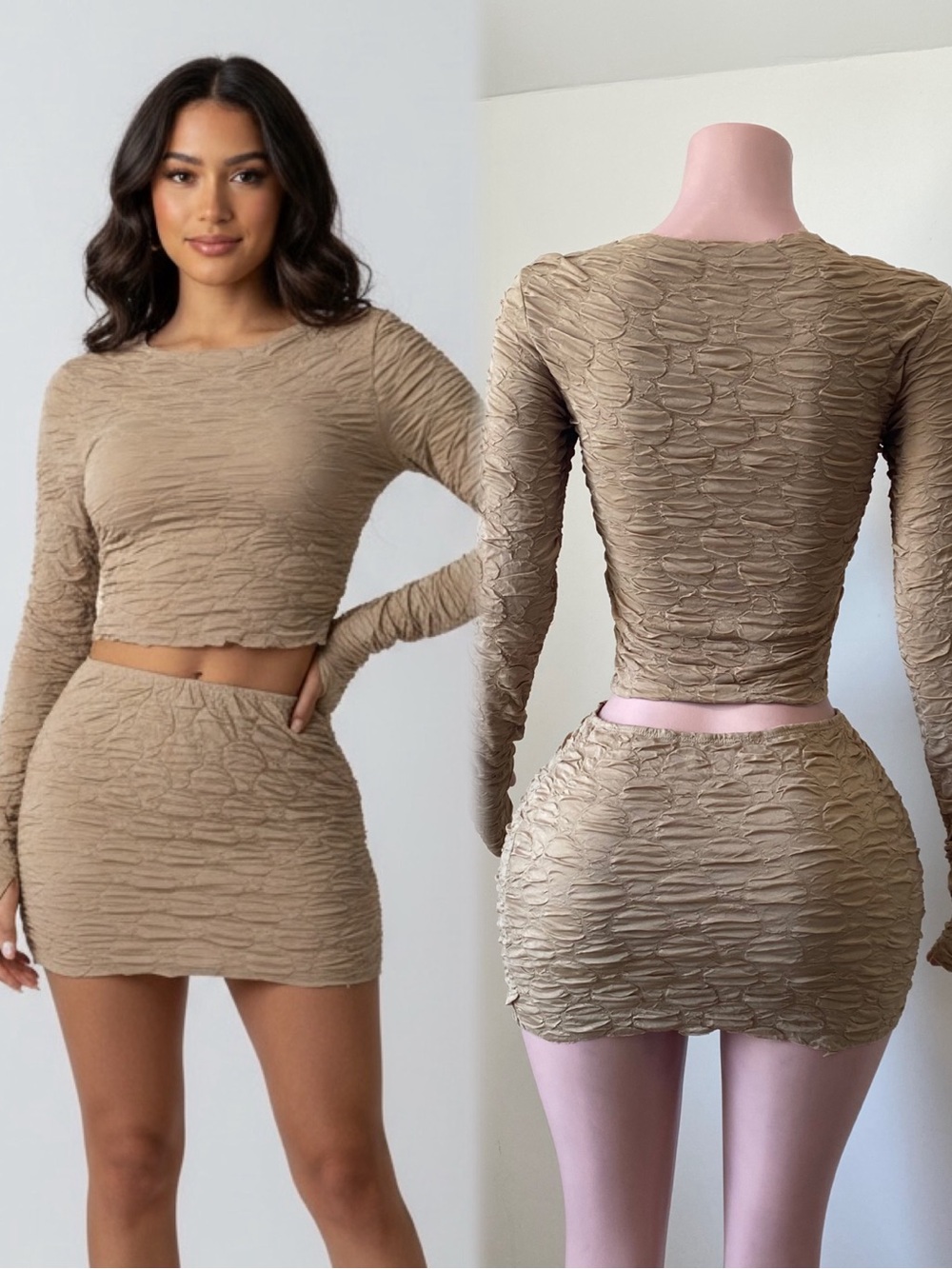 Textured Beige Mini Skirt SET